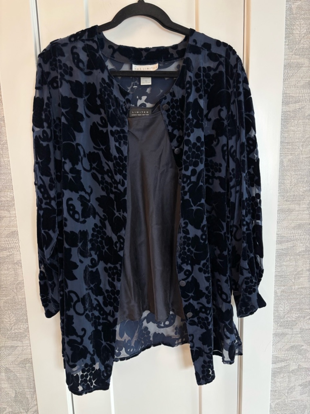 The Limited Navy Velvet Burnout Sheer Blouse with 100% Silk Tank Set Sz Small